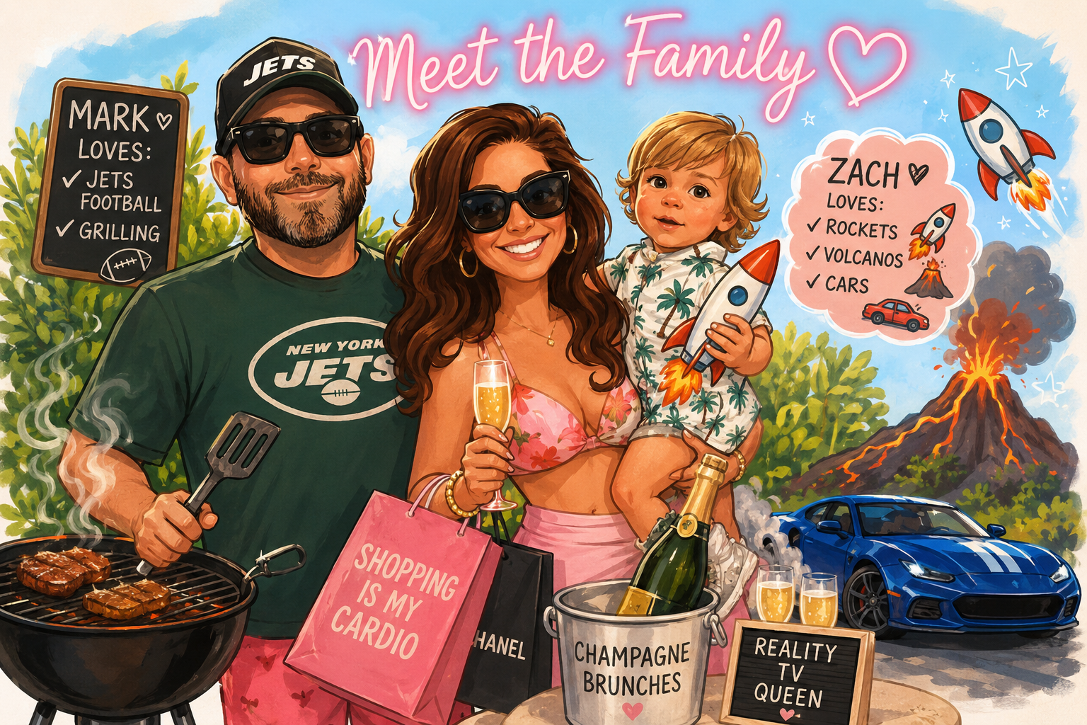 The DeGaeta family — Mark grilling, Liz with champagne, Zach with his rocket